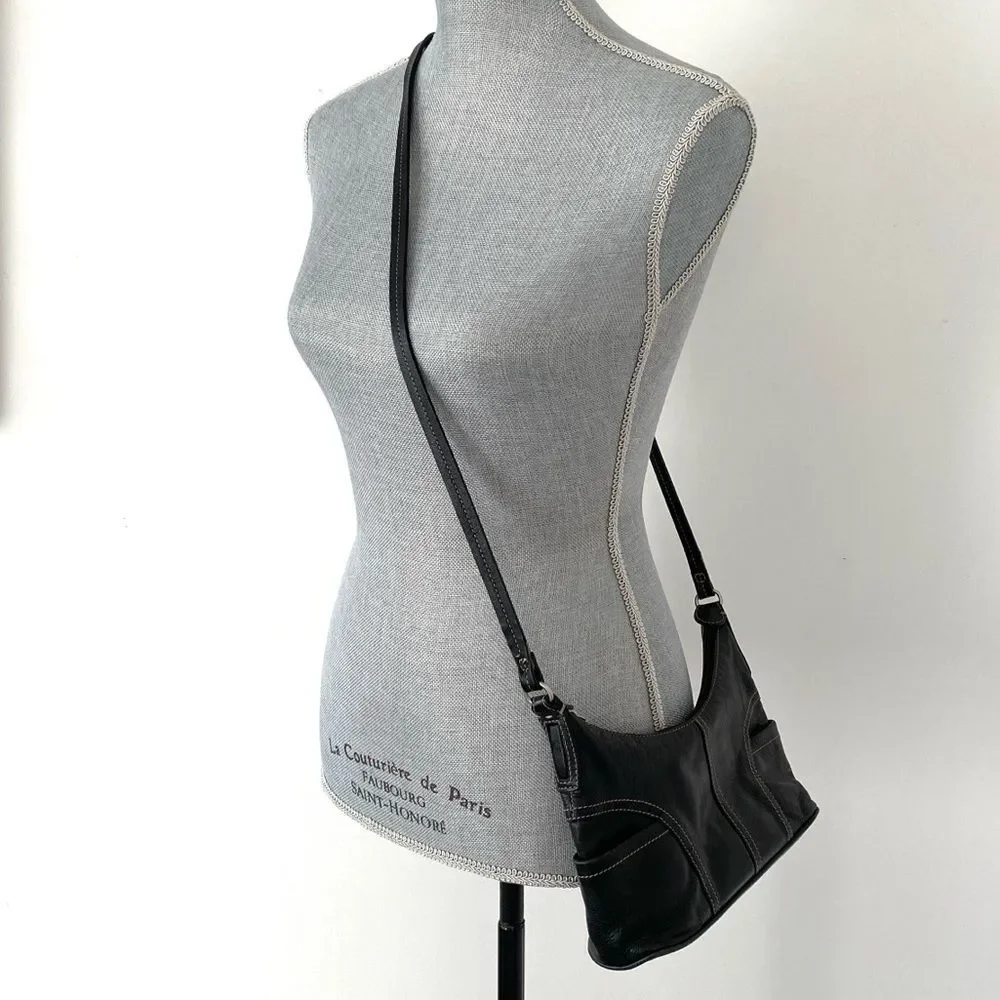Fossil Y2K Black Leather Crossbody Bag Stitching Accent